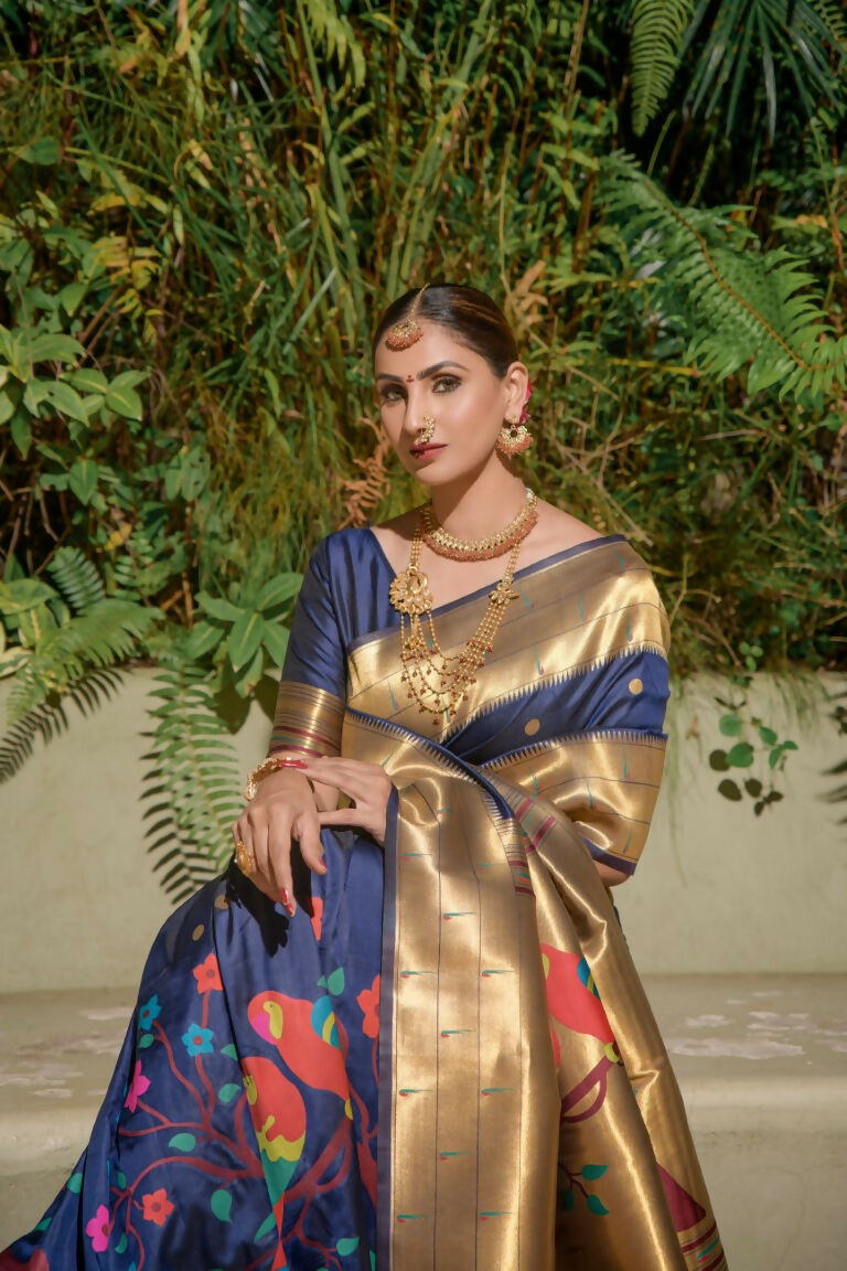 Jyoti Fashion Women's Navy Blue Paithani Silk Zari Woven Saree with Blouse - Distacart