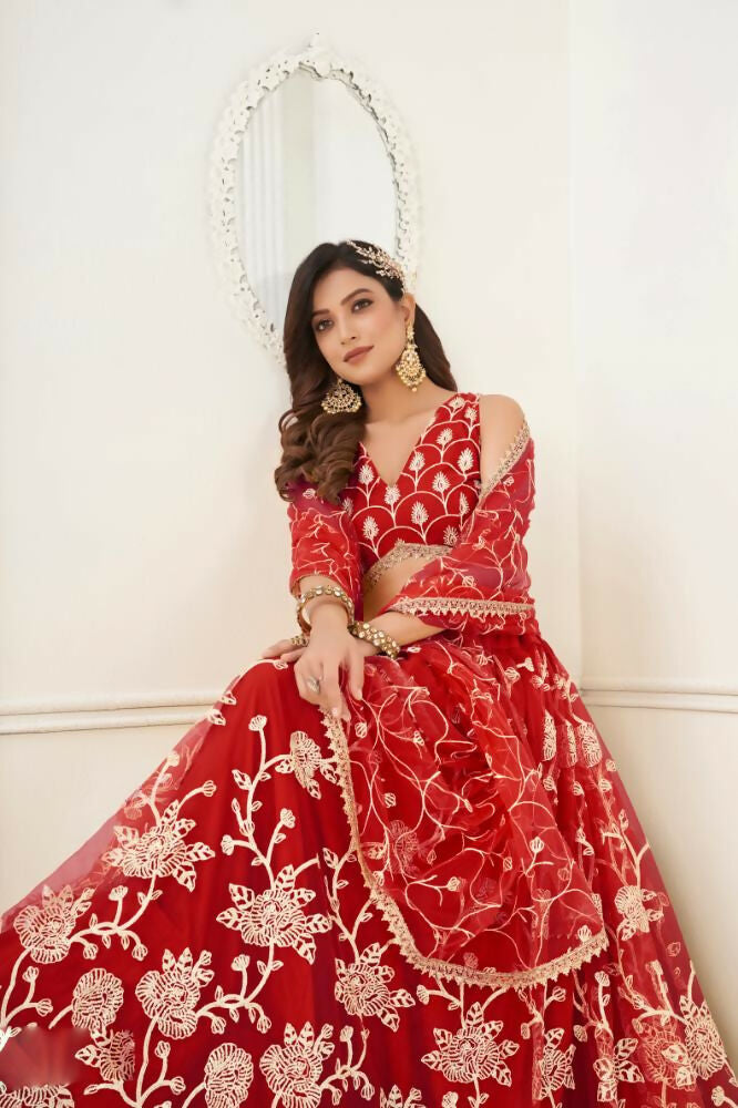 Aastha Fashion Red Butterfly Net White Cotton Thread Work And Sequence Work Embroidery Wedding Wear Lehenga Choli - Distacart