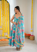 Thumbnail for Teeya Creation Blue Pure Muslin Silk Digital Print Traditional Wear Long Gown - Distacart