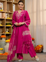 Thumbnail for The52 Women's Beautiful Viscose Silk Fabric Embroidery Work A-Line Kurta Pant and Dupatta Set - Distacart