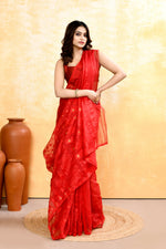 Thumbnail for Piyari Fashion Women's Red Embellished Cotton Blend Jamdani Saree - Distacart
