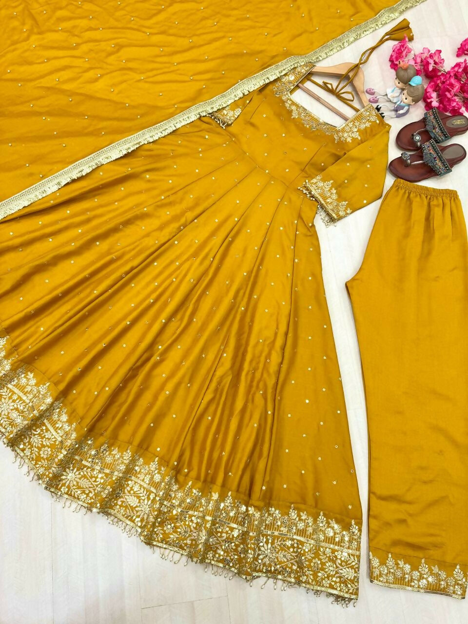 Teeya Creation Yellow Color Pure Vichitra Silk Embroidery Work Party Wear Gown