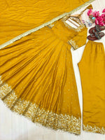 Thumbnail for Teeya Creation Yellow Color Pure Vichitra Silk Embroidery Work Party Wear Gown