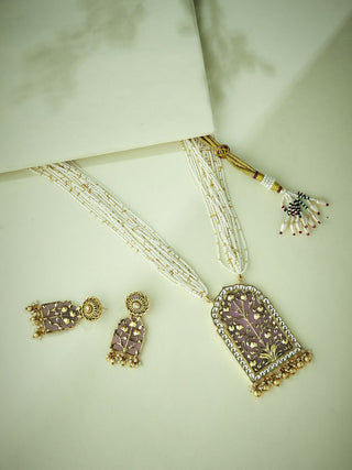 Nuyug 22K Gold-Plated Pearl Beaded Strings Floral Motifs Enamel Pendant Necklace Set