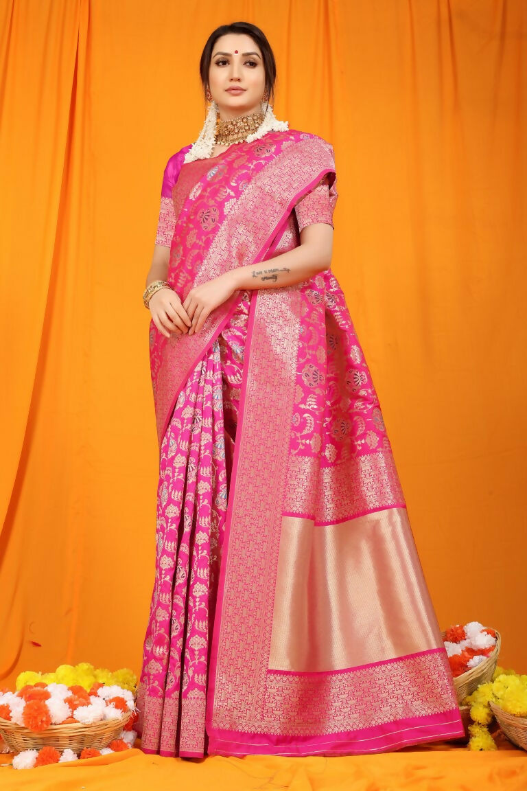 Jyoti Fashion Women's Rani Pink Kanjivaram Silk Zari Woven Saree with Blouse - Distacart