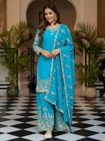 Thumbnail for Teeya Creation Sky Chinon Silk Designer Wedding Wear Embroidery Work Palazzo - Distacart