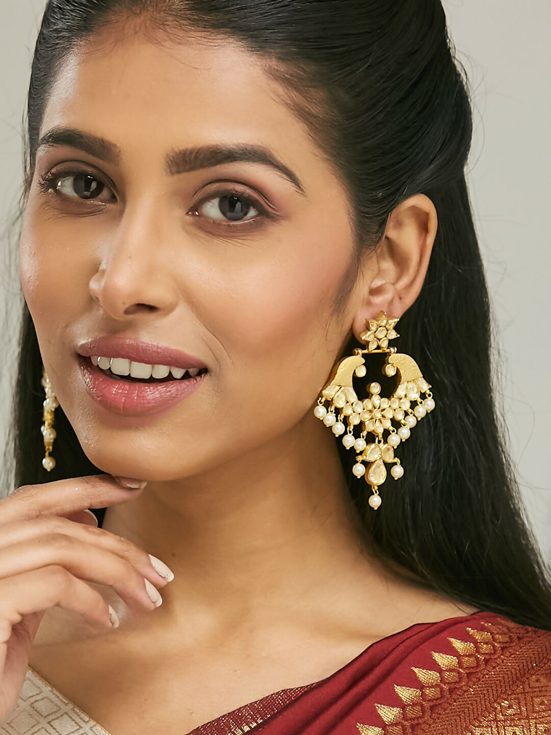 Nuyug 22K Gold-Plated Kundan and Pearl Earrings with Floral Stud and Intricate Crescent Design Chandbalis