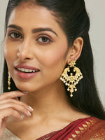 Thumbnail for Nuyug 22K Gold-Plated Kundan and Pearl Earrings with Floral Stud and Intricate Crescent Design Chandbalis