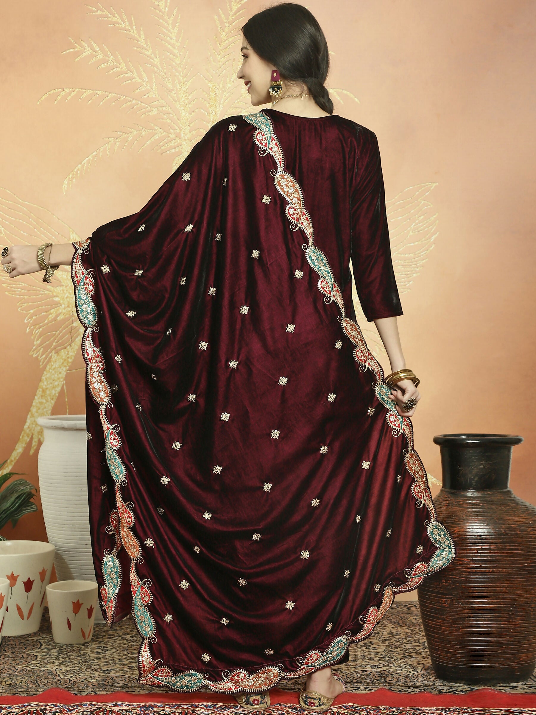 Jyoti Fashion Women's Maroon Velvet Cording with Resham Thread & Sequin Kurta with Trouser & Dupatta - Distacart