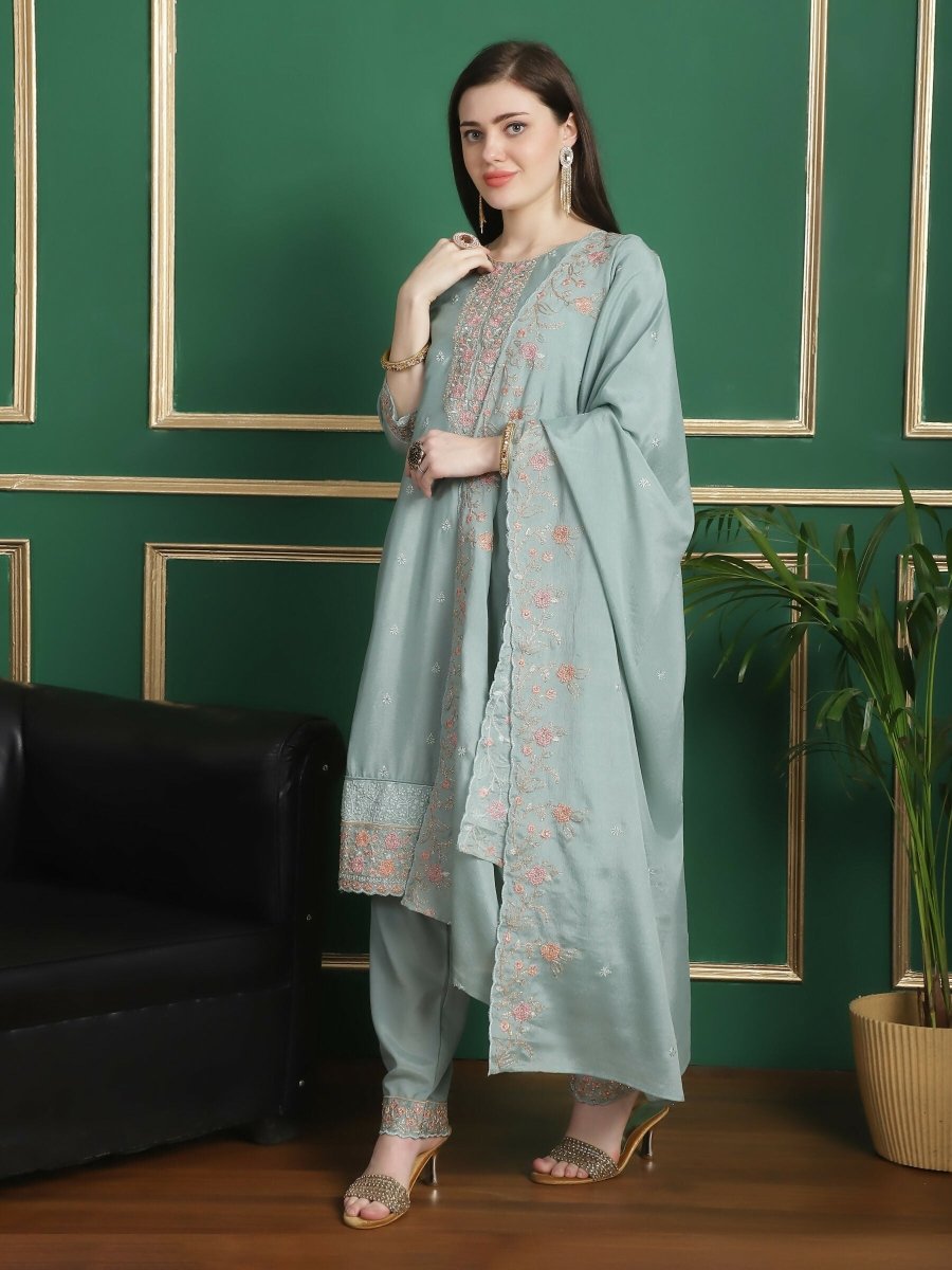Aastha Fashion Women's Turquoise Chinon Chiffon Floral Embroidery with Cording & Crystal Work Designer Straight Suit Set - Distacart
