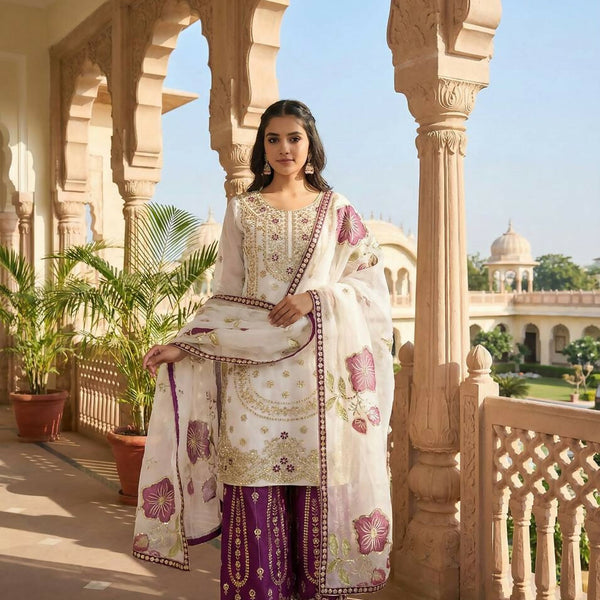 Teeya Creation Wine Gimmy Silk Designer Embroidery Work Wedding Wear Palazzo Pair - Distacart