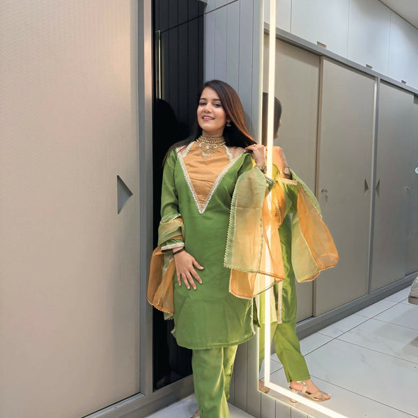 Anaita Parrot-Green Roman Shimmer Readymade Kurti Set with Designer Handwork - Distacart