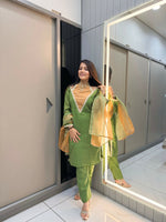 Thumbnail for Anaita Parrot-Green Roman Shimmer Readymade Kurti Set with Designer Handwork - Distacart