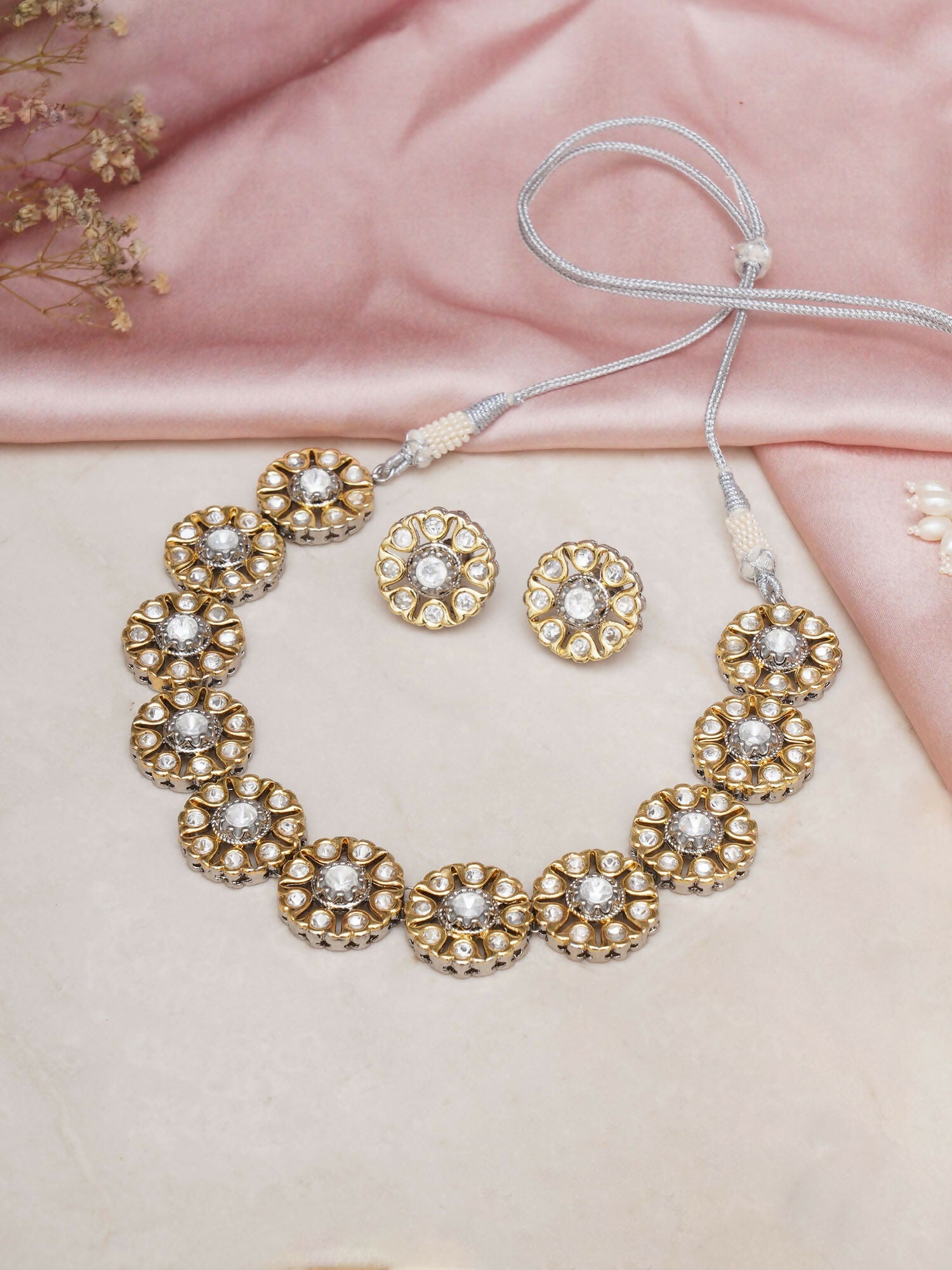 Kundan Choker with Studs Jewellery Set (silver) - Ruby Raang - Distacart