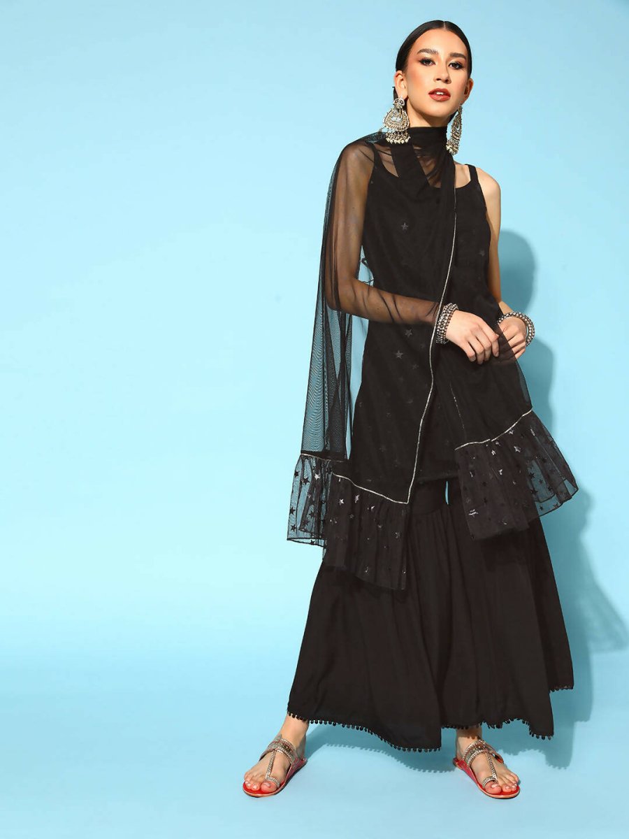 Ahalyaa Women Black Colour Crepe Foil Printed Kurta Sharara Set With Dupatta - Distacart