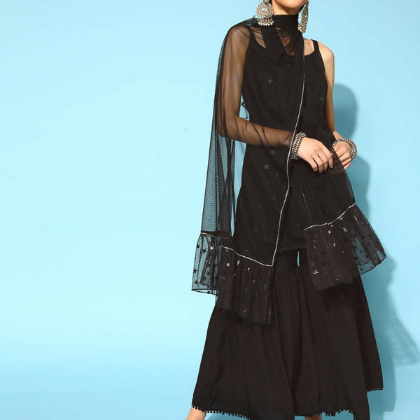 Ahalyaa Women Black Colour Crepe Foil Printed Kurta Sharara Set With Dupatta - Distacart
