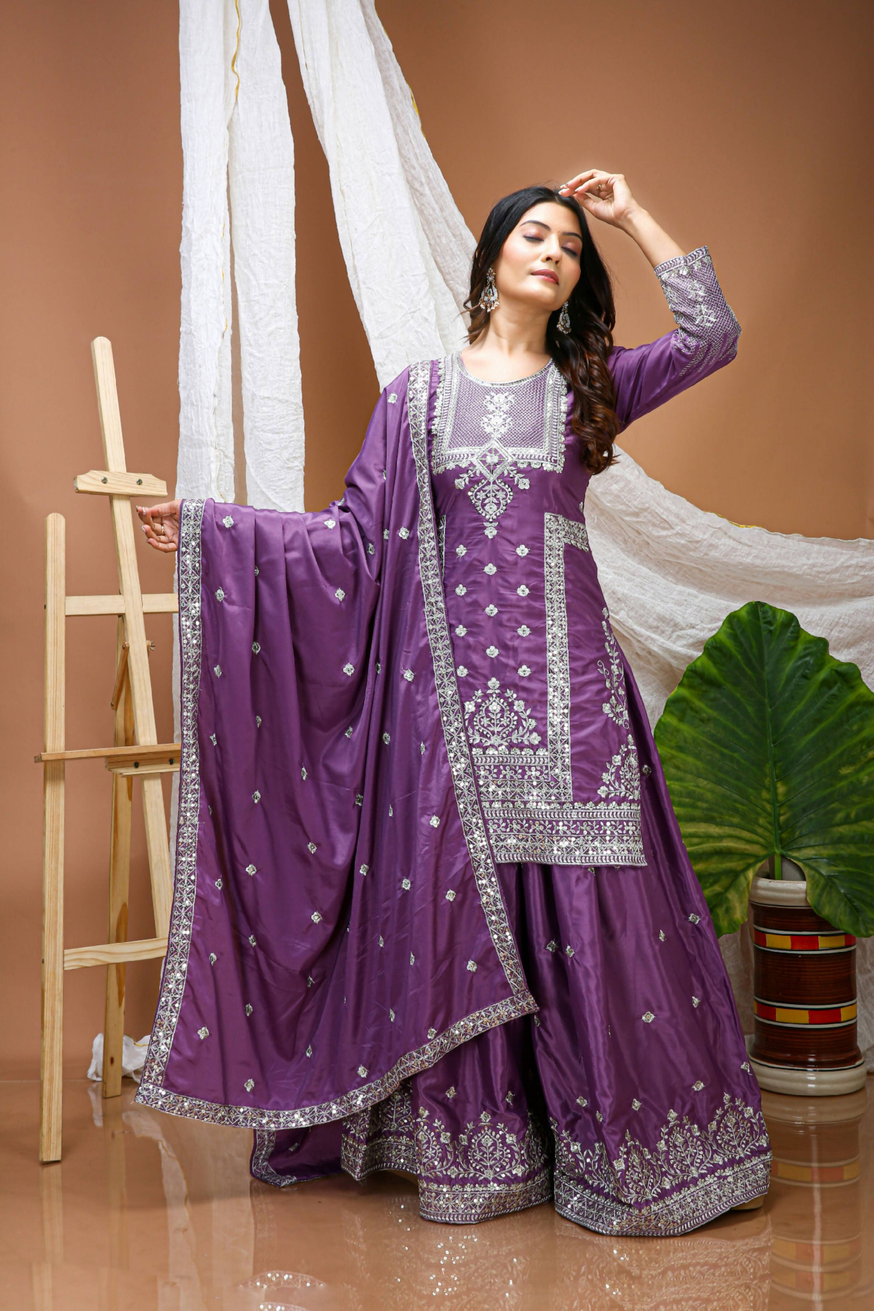 Lehenga Mart Designer Sharara Suit With Kurta, Sharara, Dupatta For Women-Lavender Violet - Distacart