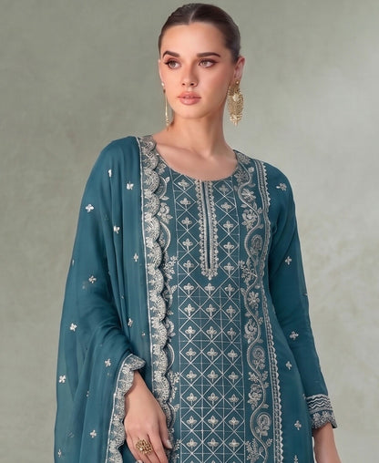 KC Sky Blue Pakistani Straight Suit For Women Chiffon - Dista