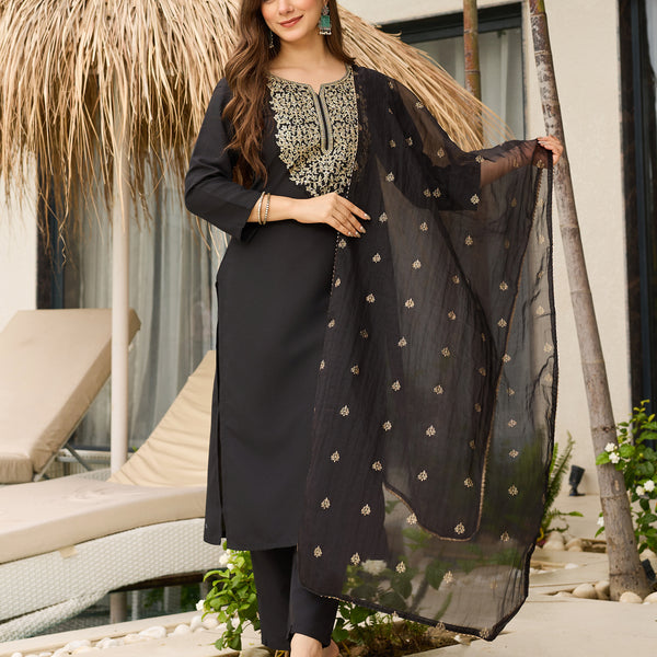 The52 Women Embroidery Work with Viscose Fabric Straight Kurta, Pant and Dupatta Set