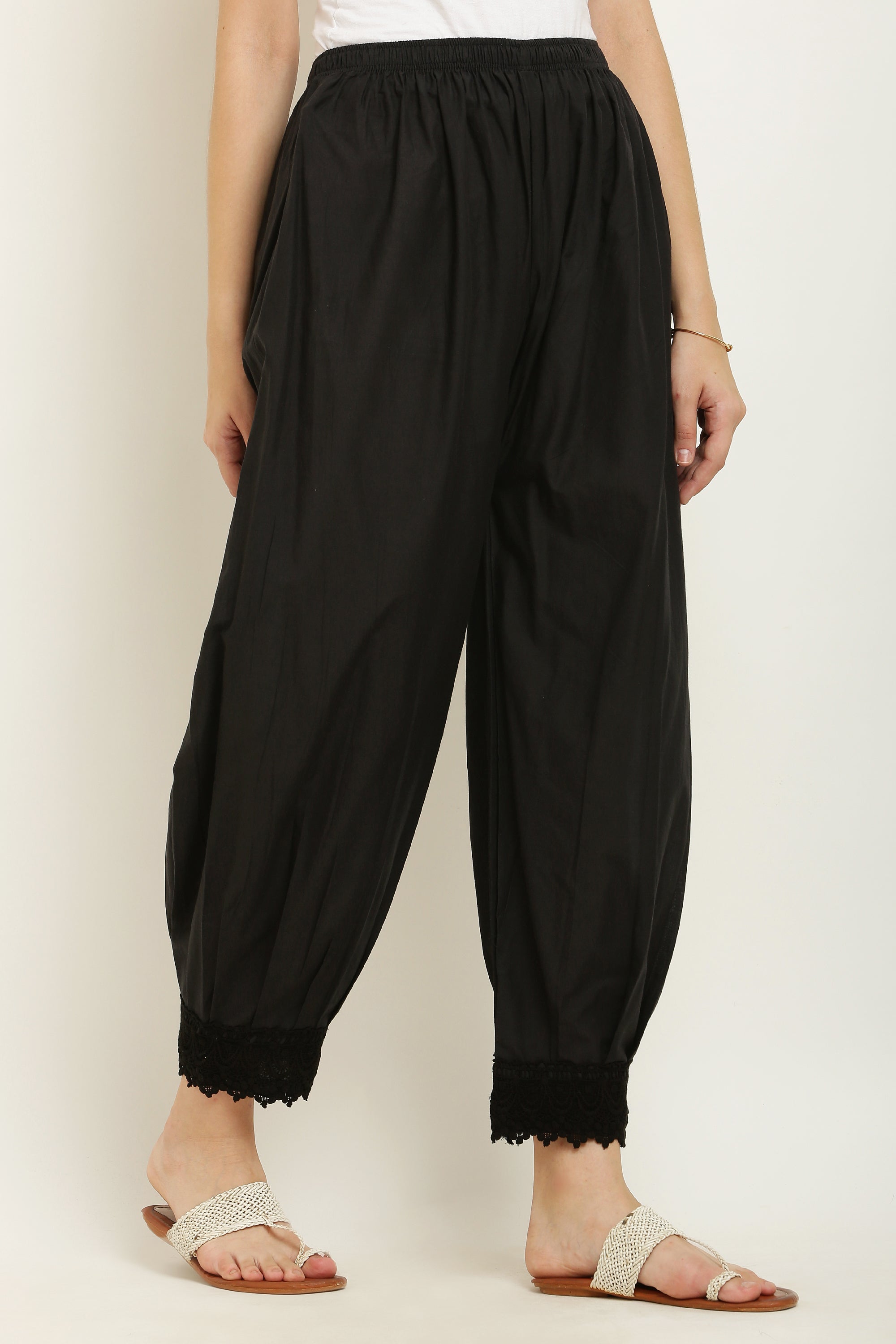 PAVONINE Black Color Afghani Style Lace Hem Cotton Fabric Palazzo For Women - Distacart