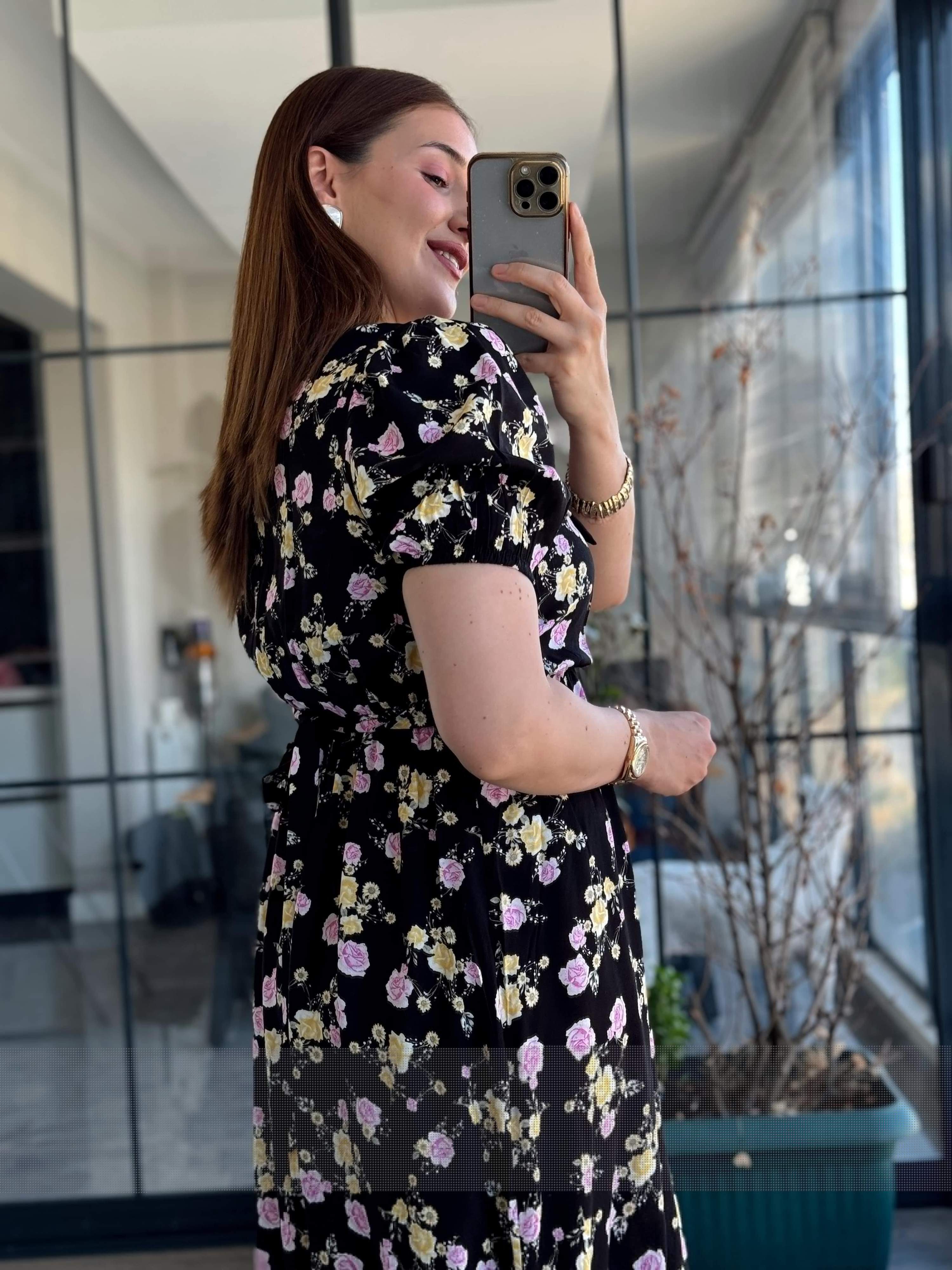 Pimu New Season Baby Collar Viscose Midi Dress - Belted Trend - Black