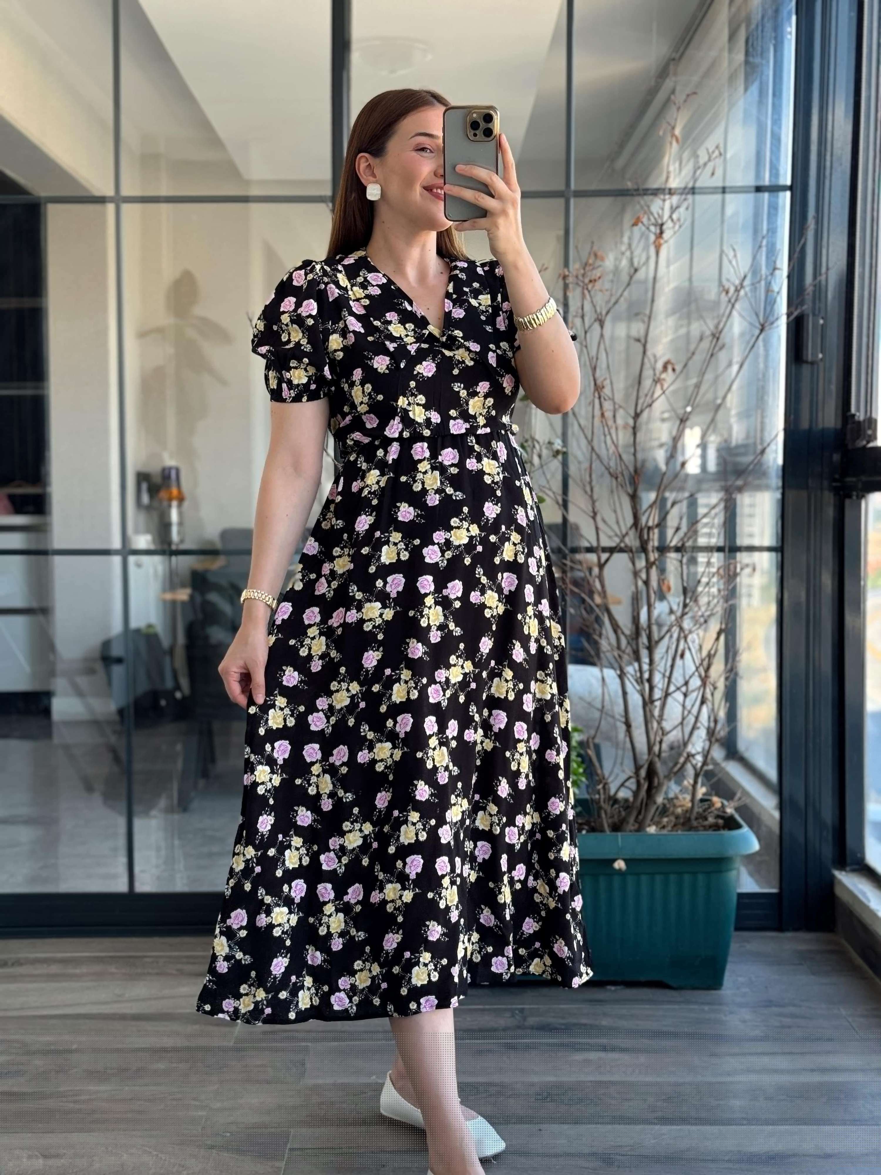 Pimu New Season Baby Collar Viscose Midi Dress - Belted Trend - Black