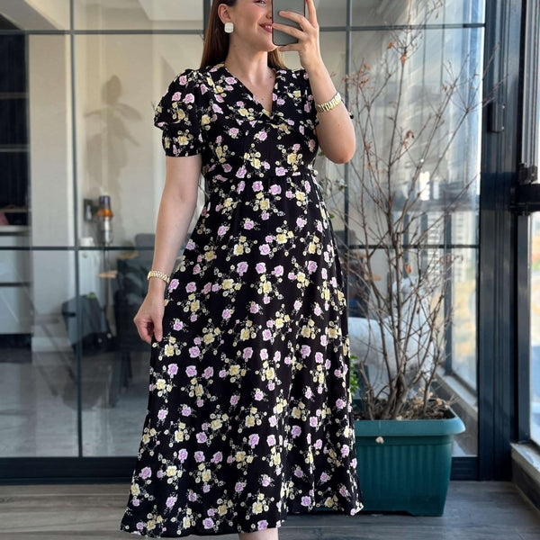 Pimu New Season Baby Collar Viscose Midi Dress - Belted Trend - Black