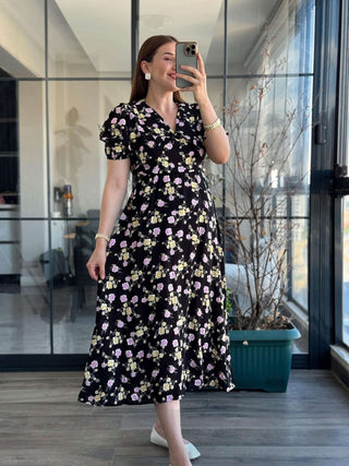 Pimu New Season Baby Collar Viscose Midi Dress - Belted Trend - Black