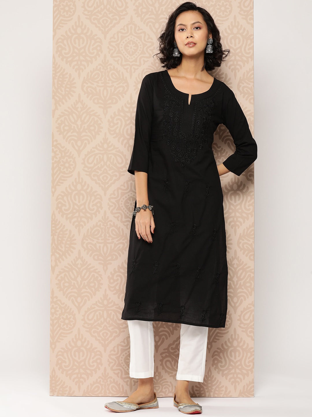Yufta Black Embroidered Chikankari Cotton Kurta - Distacart
