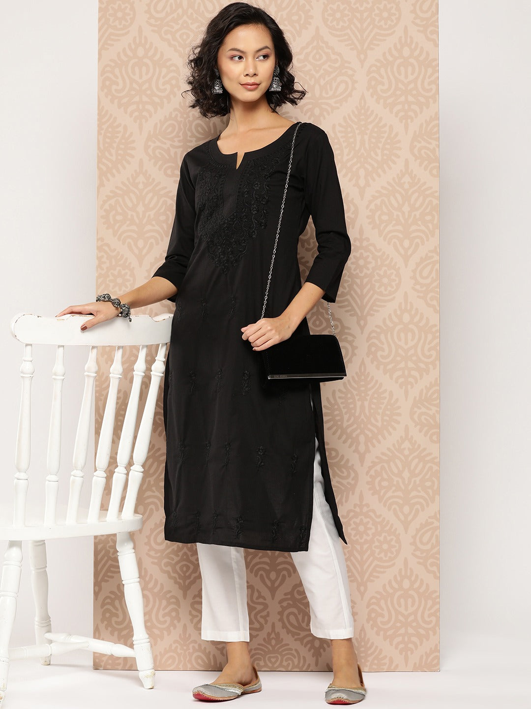 Yufta Black Embroidered Chikankari Cotton Kurta - Distacart