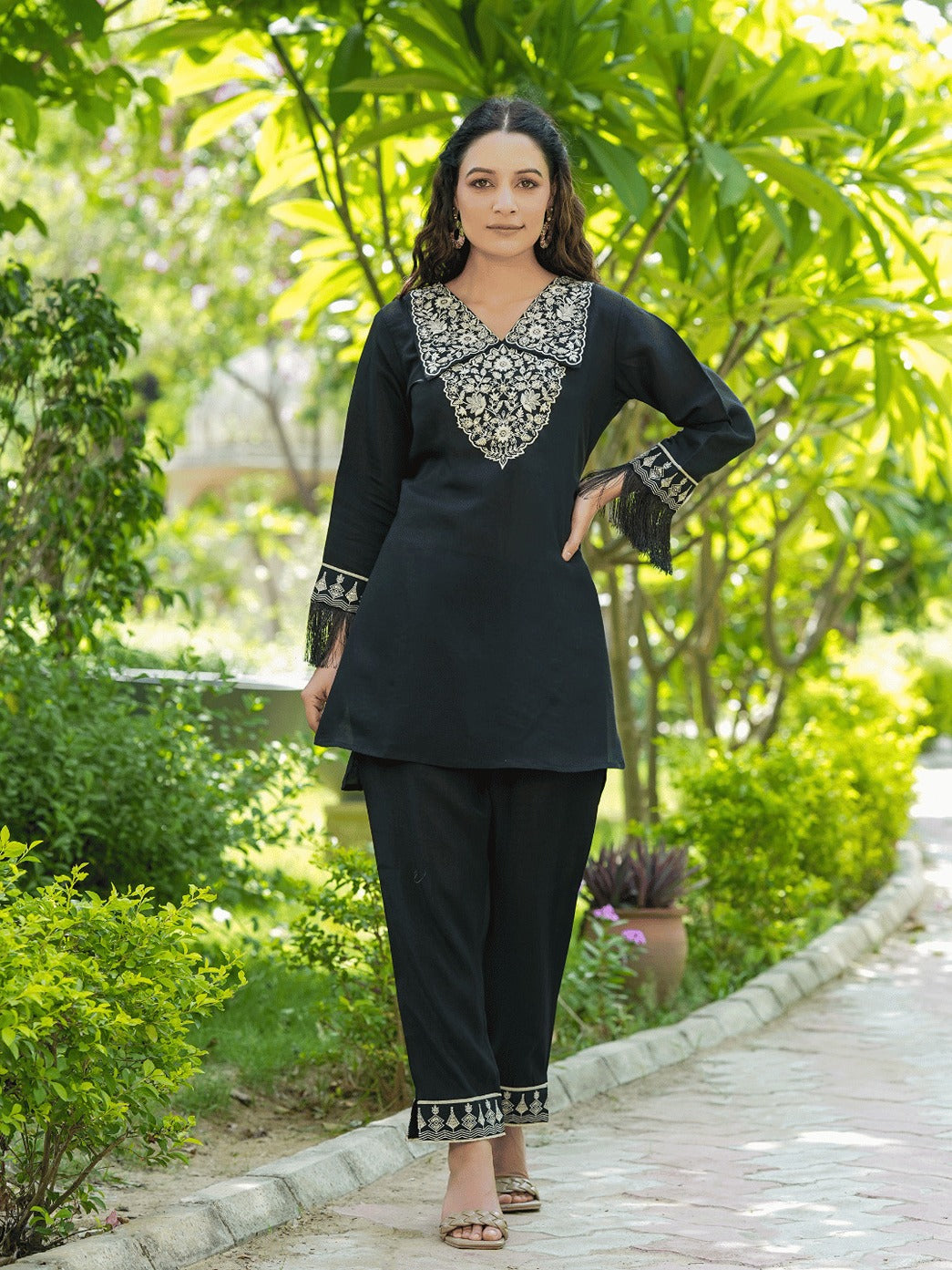 Yufta Black Embroidered Shirt And Trouser Co Ords - Distacart