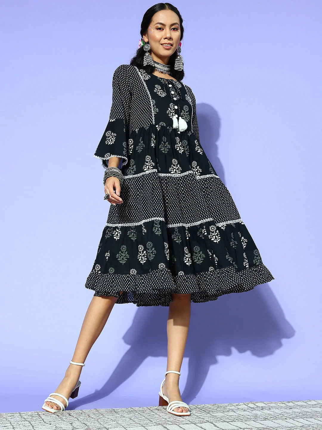 Yufta Black Ethnic Motifs Indie Gal Dress - Distacart