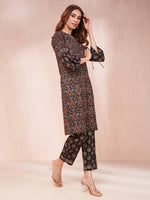 Thumbnail for Yufta Black Ethnic Motifs Mandarin Collar Straight Kurta Trouser Set - Distacart
