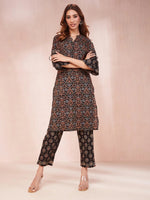 Thumbnail for Yufta Black Ethnic Motifs Mandarin Collar Straight Kurta Trouser Set - Distacart