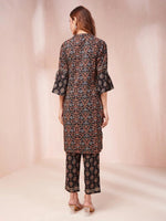Thumbnail for Yufta Black Ethnic Motifs Mandarin Collar Straight Kurta Trouser Set - Distacart