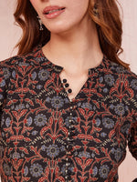 Thumbnail for Yufta Black Ethnic Motifs Mandarin Collar Straight Kurta Trouser Set - Distacart