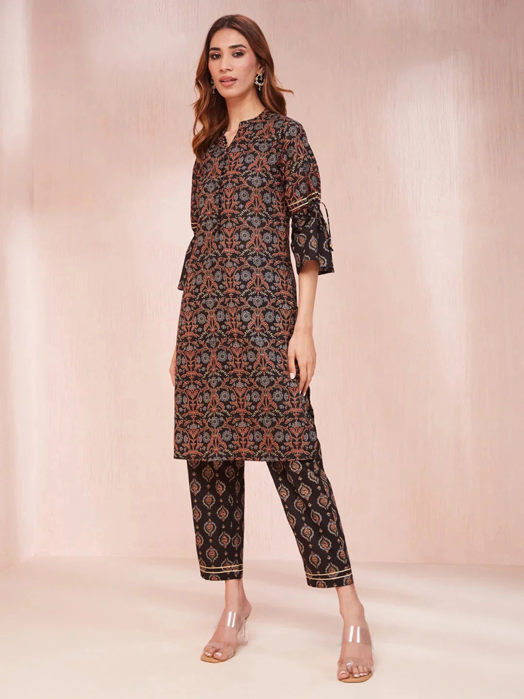 Yufta Black Ethnic Motifs Mandarin Collar Straight Kurta Trouser Set - Distacart