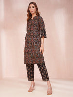 Thumbnail for Yufta Black Ethnic Motifs Mandarin Collar Straight Kurta Trouser Set - Distacart