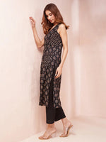 Thumbnail for Yufta Black Ethnic Motifs Round Neck Straight Kurta