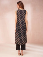 Thumbnail for Yufta Black Ethnic Motifs Round Neck Straight Kurta