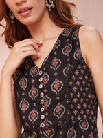 Thumbnail for Yufta Black Ethnic Motifs Round Neck Straight Kurta
