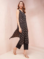 Thumbnail for Yufta Black Ethnic Motifs Round Neck Straight Kurta