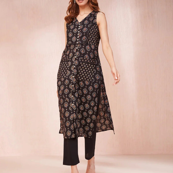 Yufta Black Ethnic Motifs Round Neck Straight Kurta - Distacart