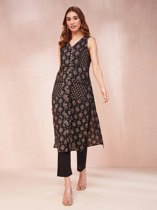 Yufta Black Ethnic Motifs Round Neck Straight Kurta