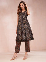 Thumbnail for Yufta Black Ethnic Motifs Straight Kurta Trouser Set