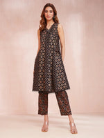 Thumbnail for Yufta Black Ethnic Motifs Straight Kurta Trouser Set