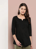 Thumbnail for Yufta Black Floral Chikankari Embroidered Pure Cotton Top - Distacart