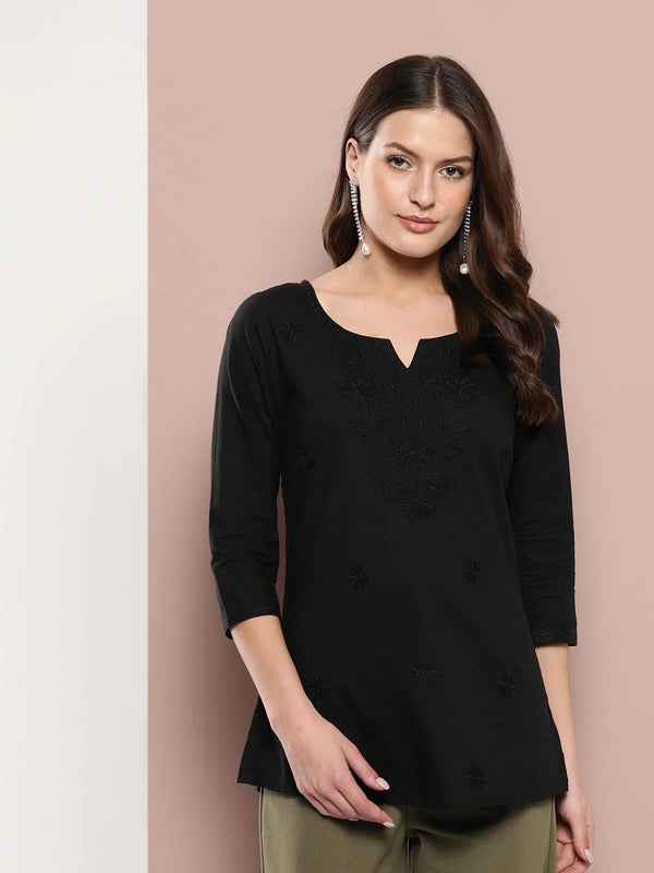 Yufta Black Floral Chikankari Embroidered Pure Cotton Top - Distacart