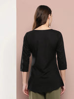 Thumbnail for Yufta Black Floral Chikankari Embroidered Pure Cotton Top - Distacart