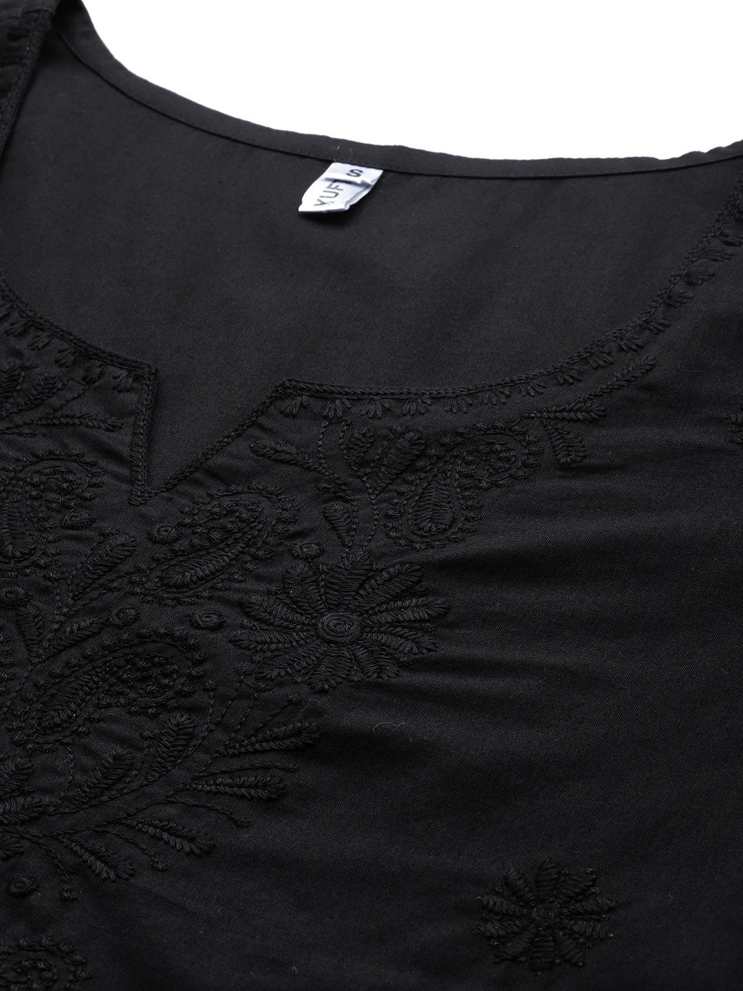Yufta Black Floral Chikankari Embroidered Pure Cotton Top - Distacart